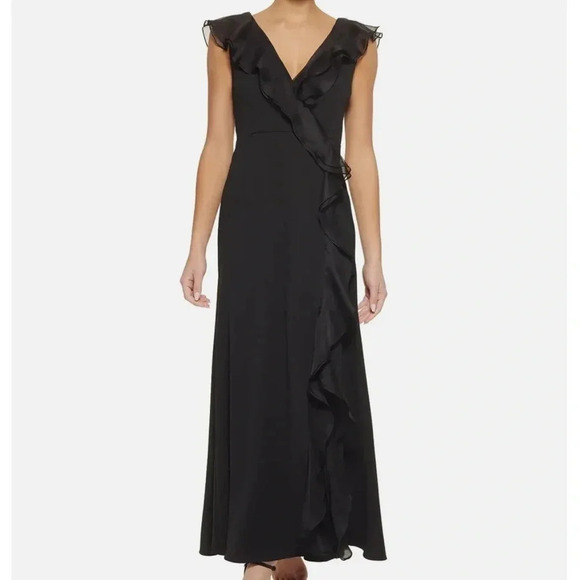 DKNY black organza gown with ruffle detail and slit to knee Gorgeous! NWOT